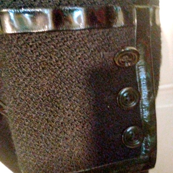 ESCADA 10/12 BLACK BOUCLE WOOL CALFSKIN PATENT LEATHER LOGO NWT SKIRT TALL - Picture 8 of 16